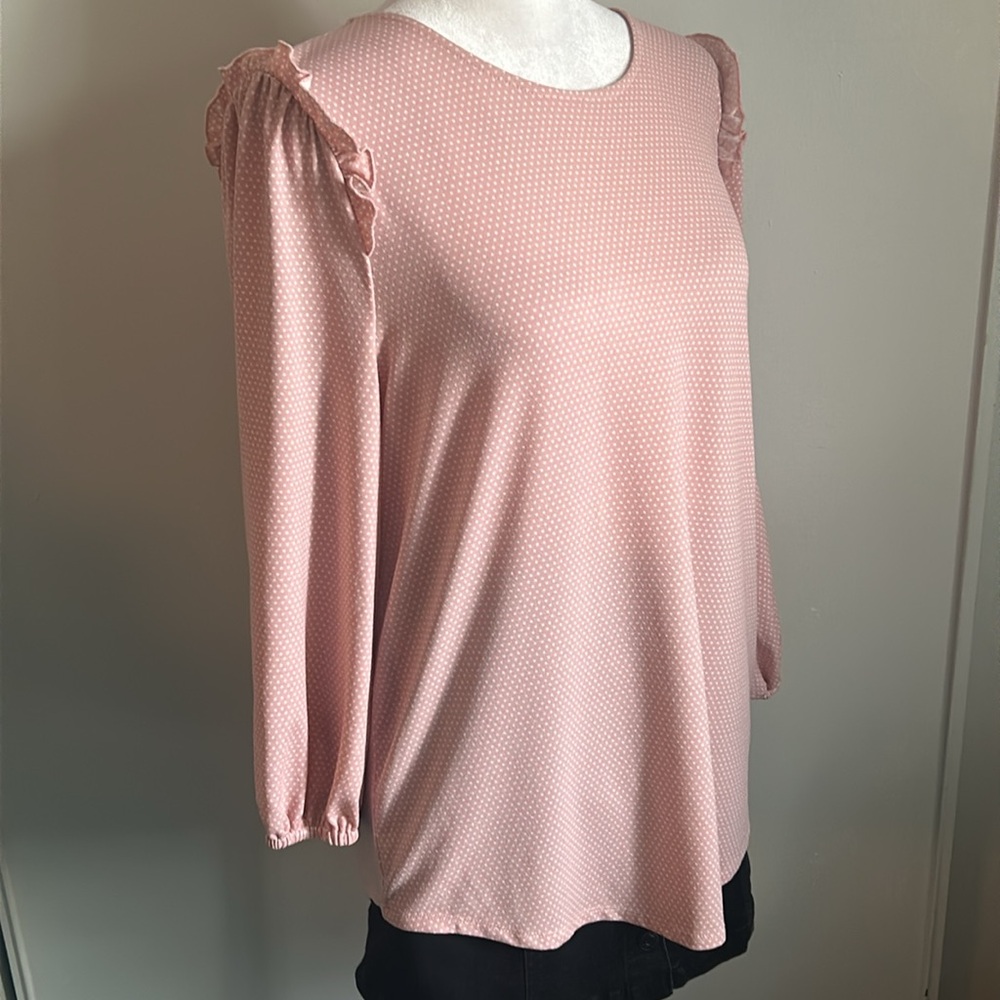 Adrianna Papell Feminine Long Sleeve Polka Dot Ruffled Shoulder Crewneck Blouse - Picture 2 of 7